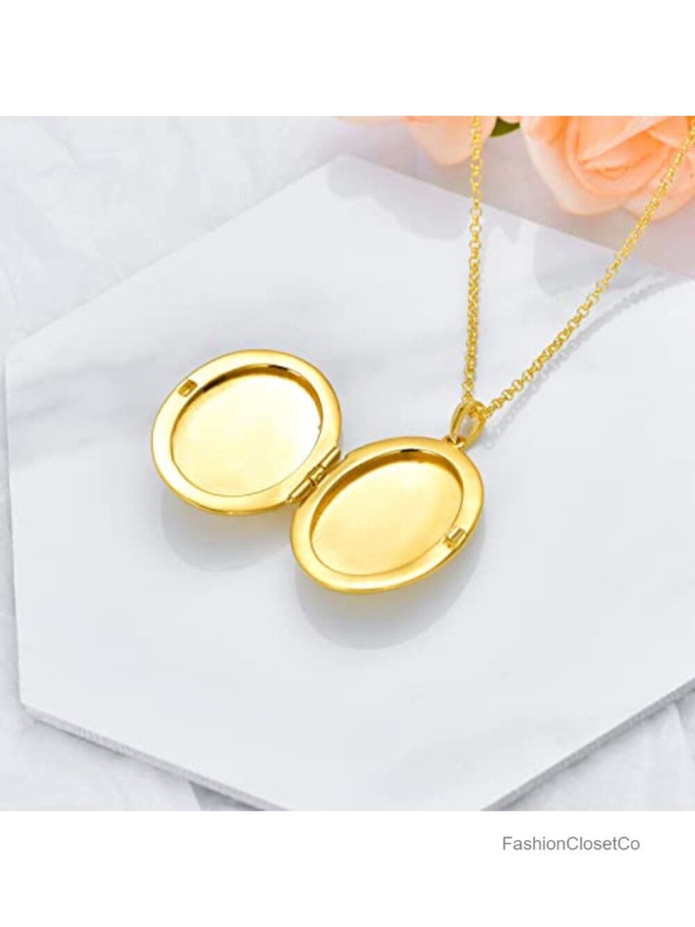 18K Gold Plated Oval Locket Necklace with 10K Solid Gold Chain, Photo Pendant - Picture 2 of 6